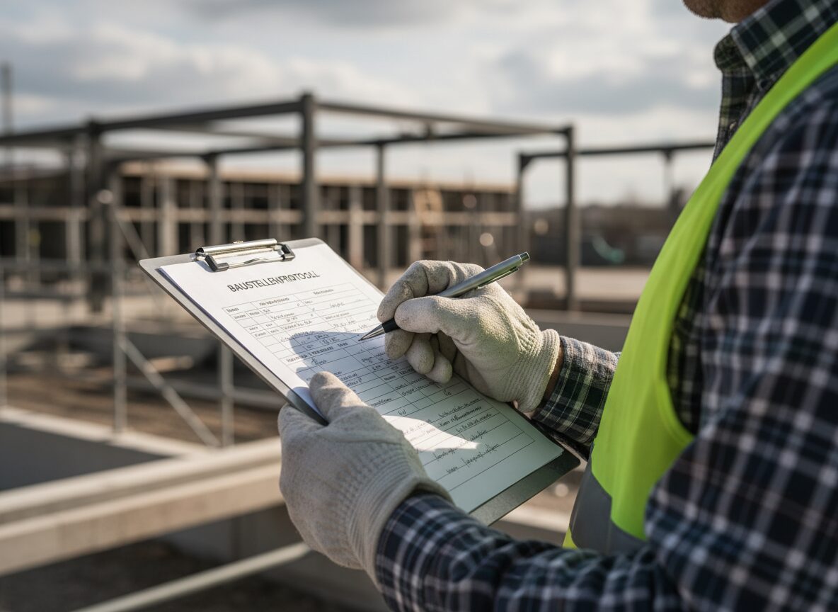Bauarbeiter notiert etwas auf seinem Klemmbrett in seinem Baustellenprotokoll