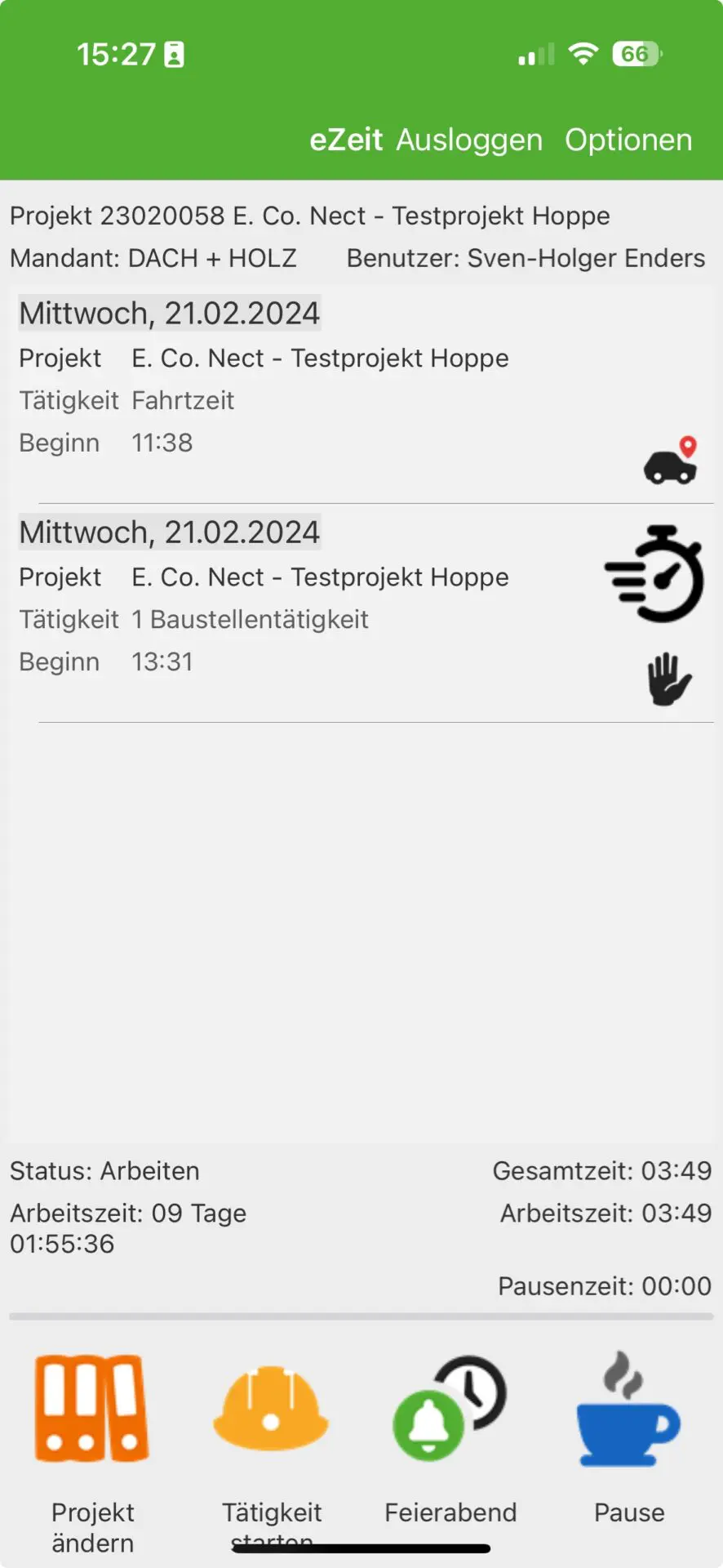 Screenshot Zeiterfassung App für Handwerkersoftware