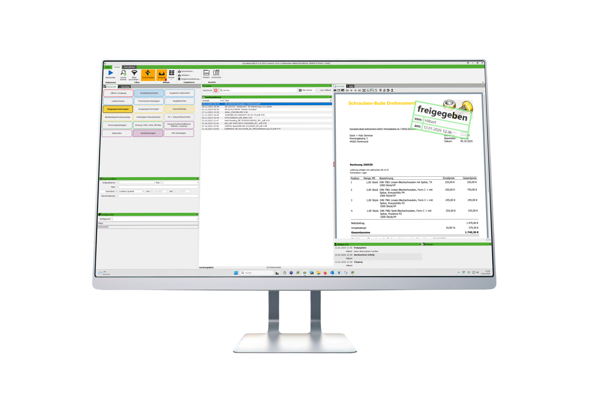 DMS_Monitor Ein PC, auf dem das UNI-Electronic Dokumentenmanagementsystem DMS P.2 für Handwerker aufgerufen ist
