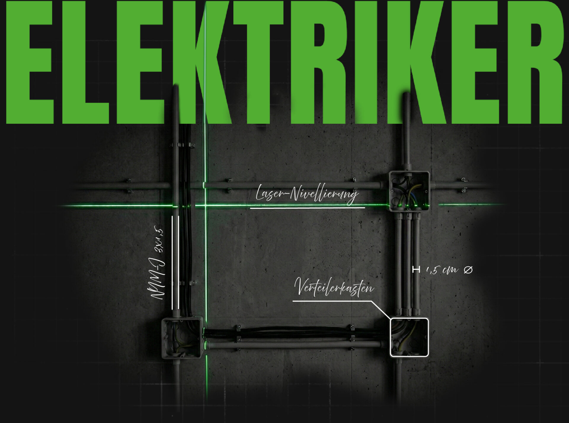 Elektriker Elektroinstallationsrohre und Verteilerdosen an einer Wand, ausgerichtet mit grünem Laser-Kreuz, dazu technische Beschriftungen, darüber der Titel Elektriker