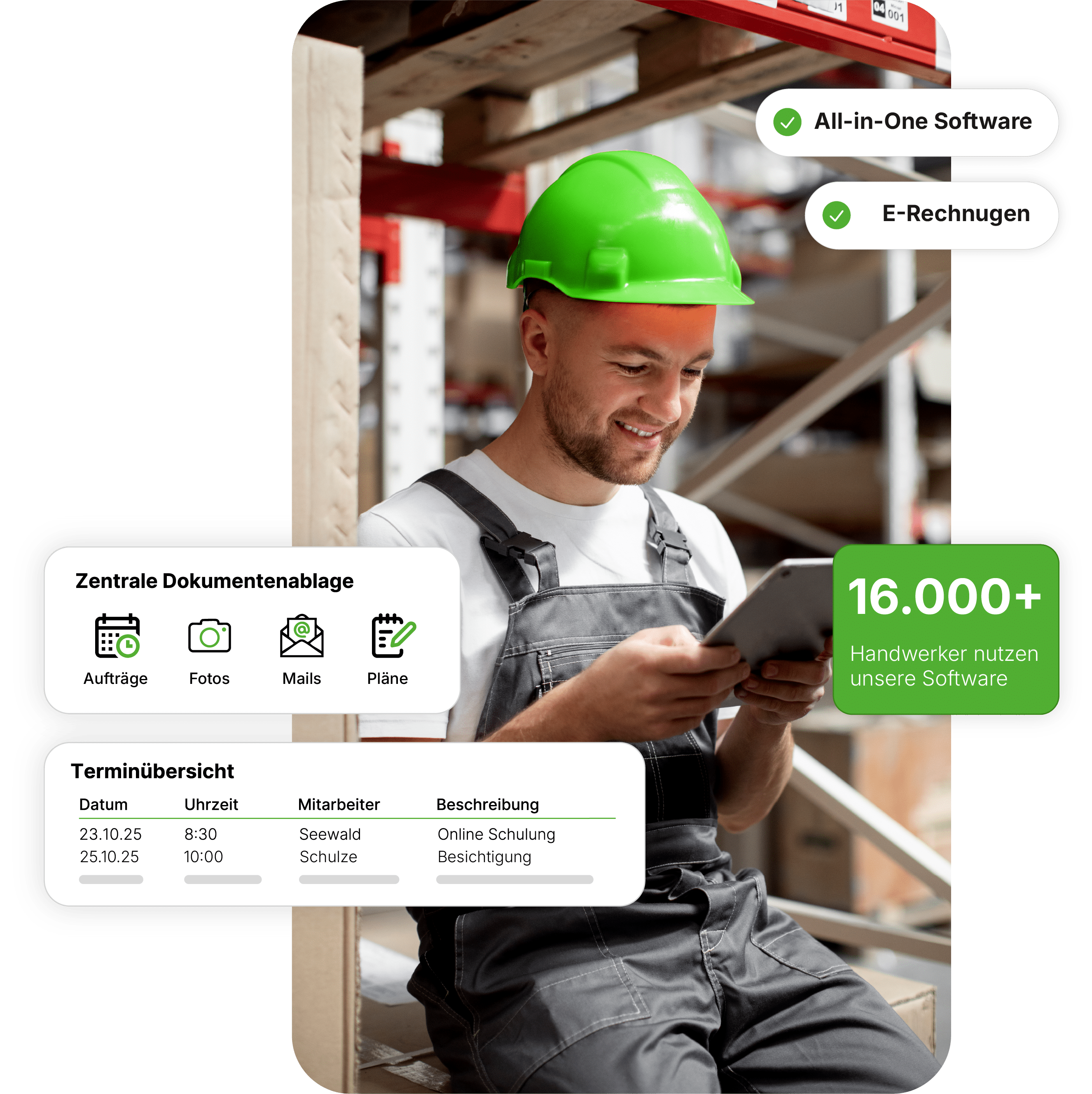 Handwerker ma Laptop, Handwerkersoftware All-in-One Software mit E-Rechnung 16000 Nutzer und Alles Zentral
