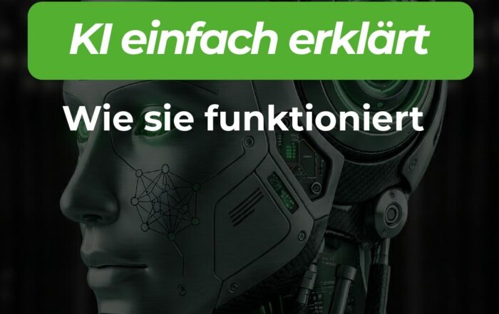 Veranstaltungen Der Kopf eines nach links schauenden Roboters, im Vordergrund der Titel: KI einfach erklärt: Wie sie funktioniert