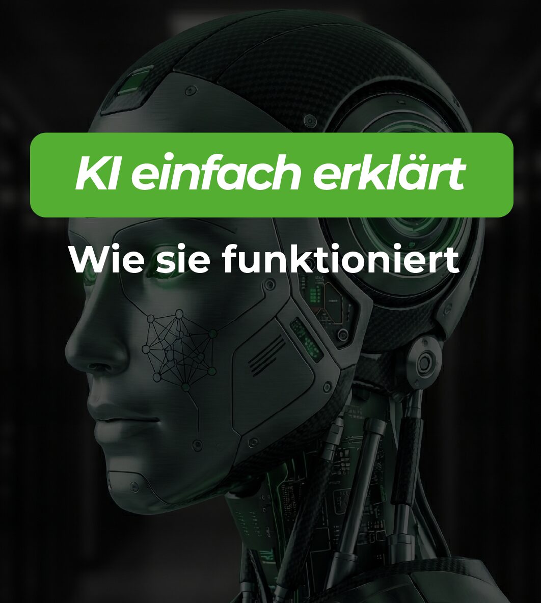 KI einfach Der Kopf eines nach links schauenden Roboters, im Vordergrund der Titel: KI einfach erklärt: Wie sie funktioniert