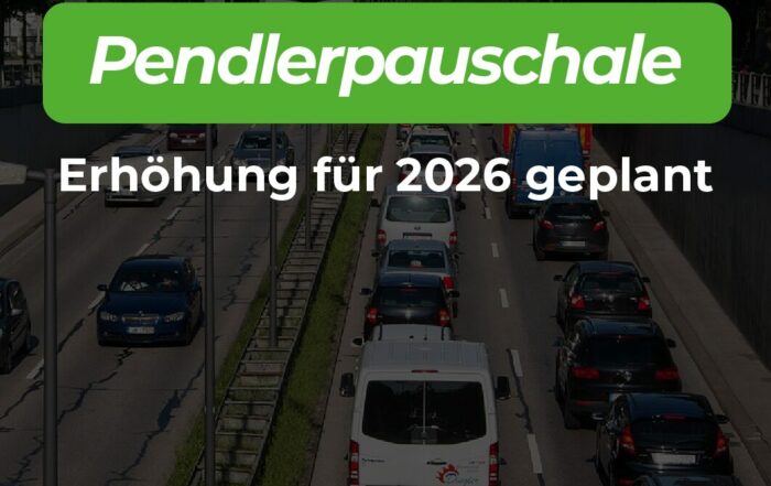 Eine mehrspurige Straße mit Stau, darauf der Text Pendlerpauschale Erhöhung für 2026 geplant