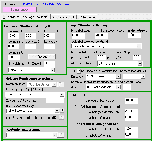 Verarbeitungsdaten-Lohnsätze