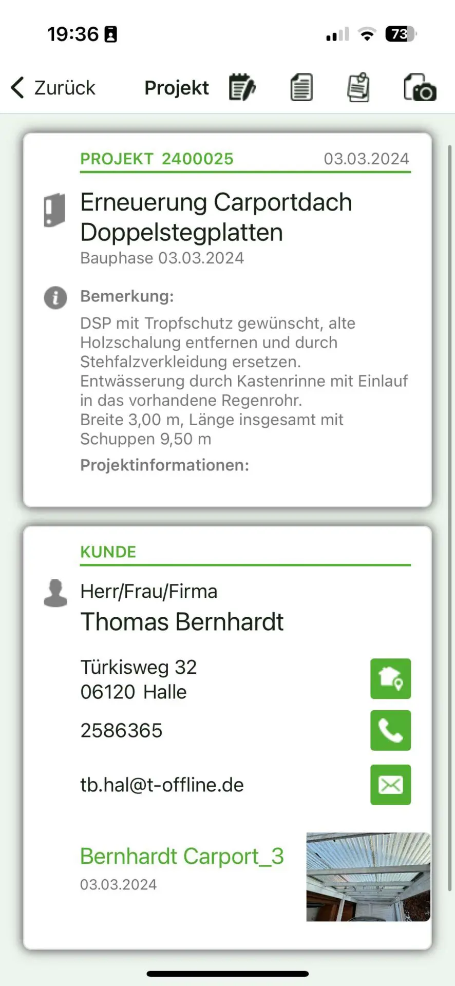 Screenshot Baustellen-App für Handwerkersoftware