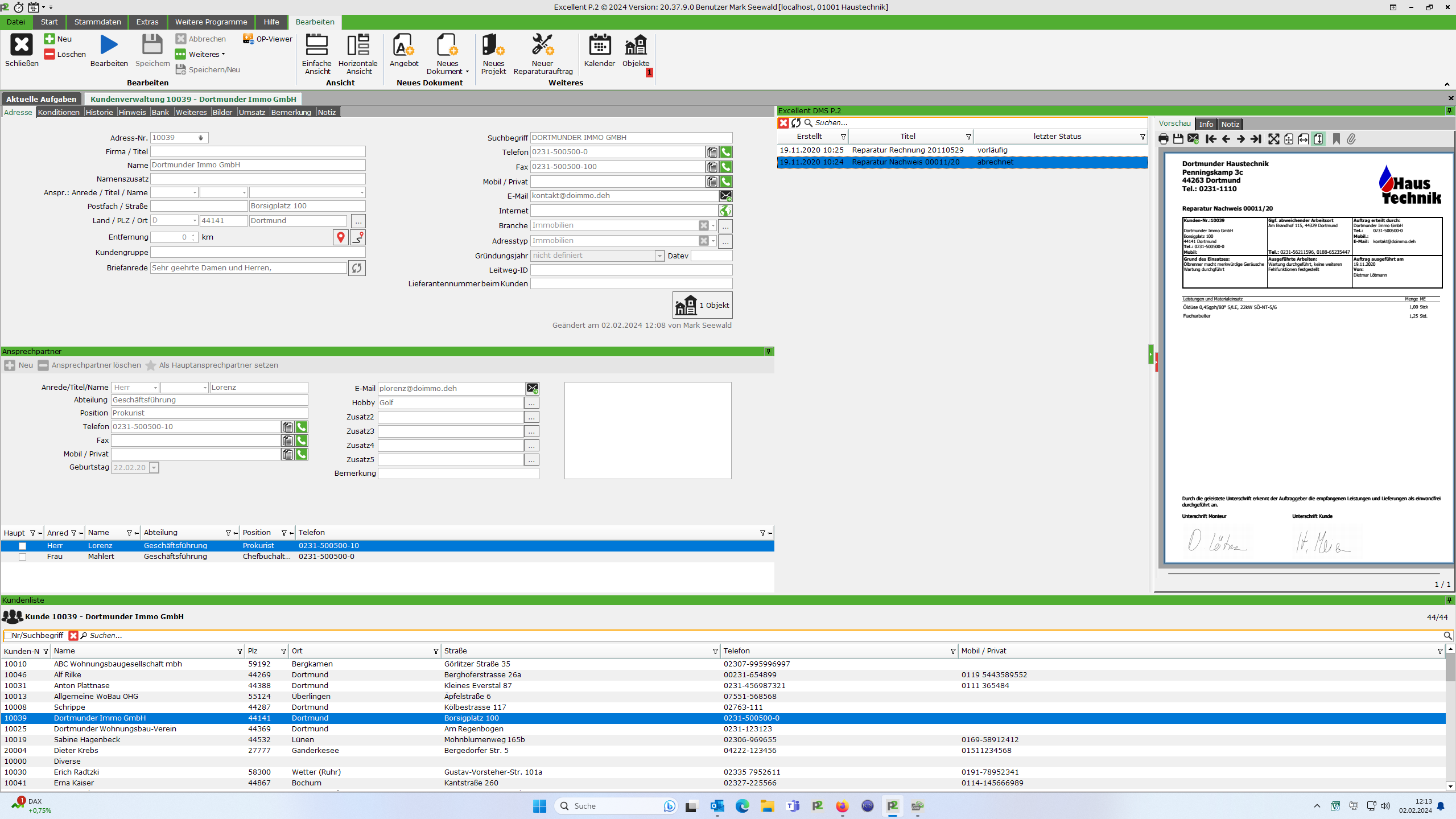 Kundenverwaltung Screenshot Software für Handwerker