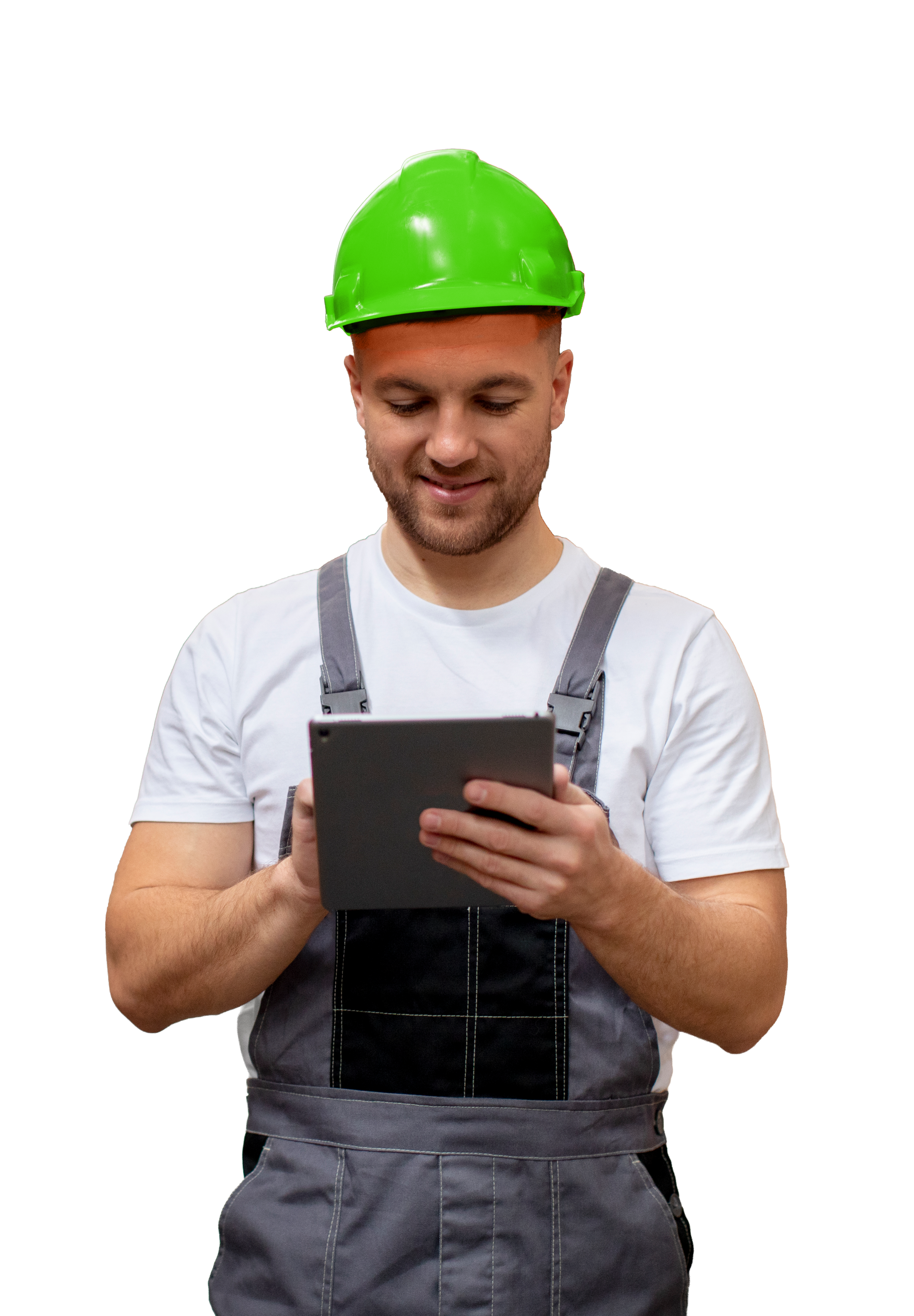 Handwerker mit Tablet Ein Handwerker in Arbeitskleidung und Werkzeuggürtel hält ein Tablet und lächelt in die Kamera